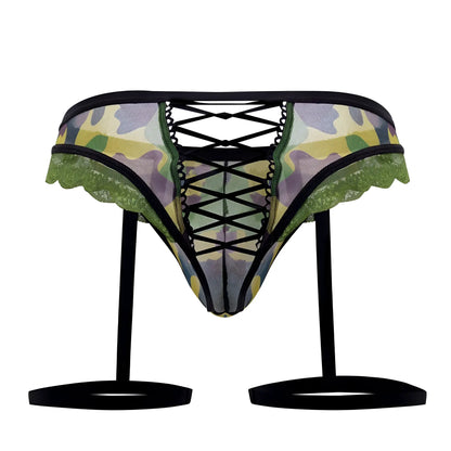 CandyMan 99580X garter camo thongs in green featuring camouflage lace-trimmed garter belt with black crisscross lacing and adjustable straps