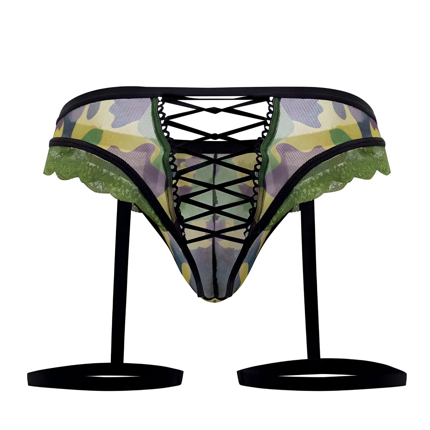 CandyMan 99580X garter camo thongs in green with camouflage lace-trimmed garter belt and black crisscross lacing