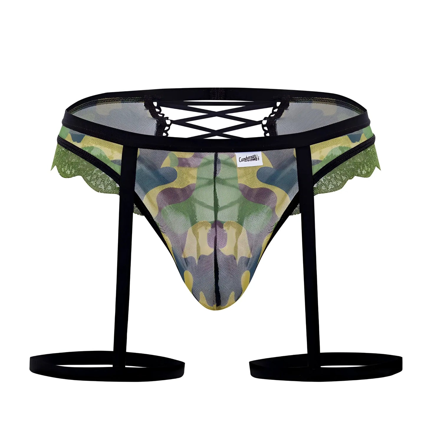 CandyMan 99580X garter camo thongs in green mesh briefs with black lace trim and adjustable straps