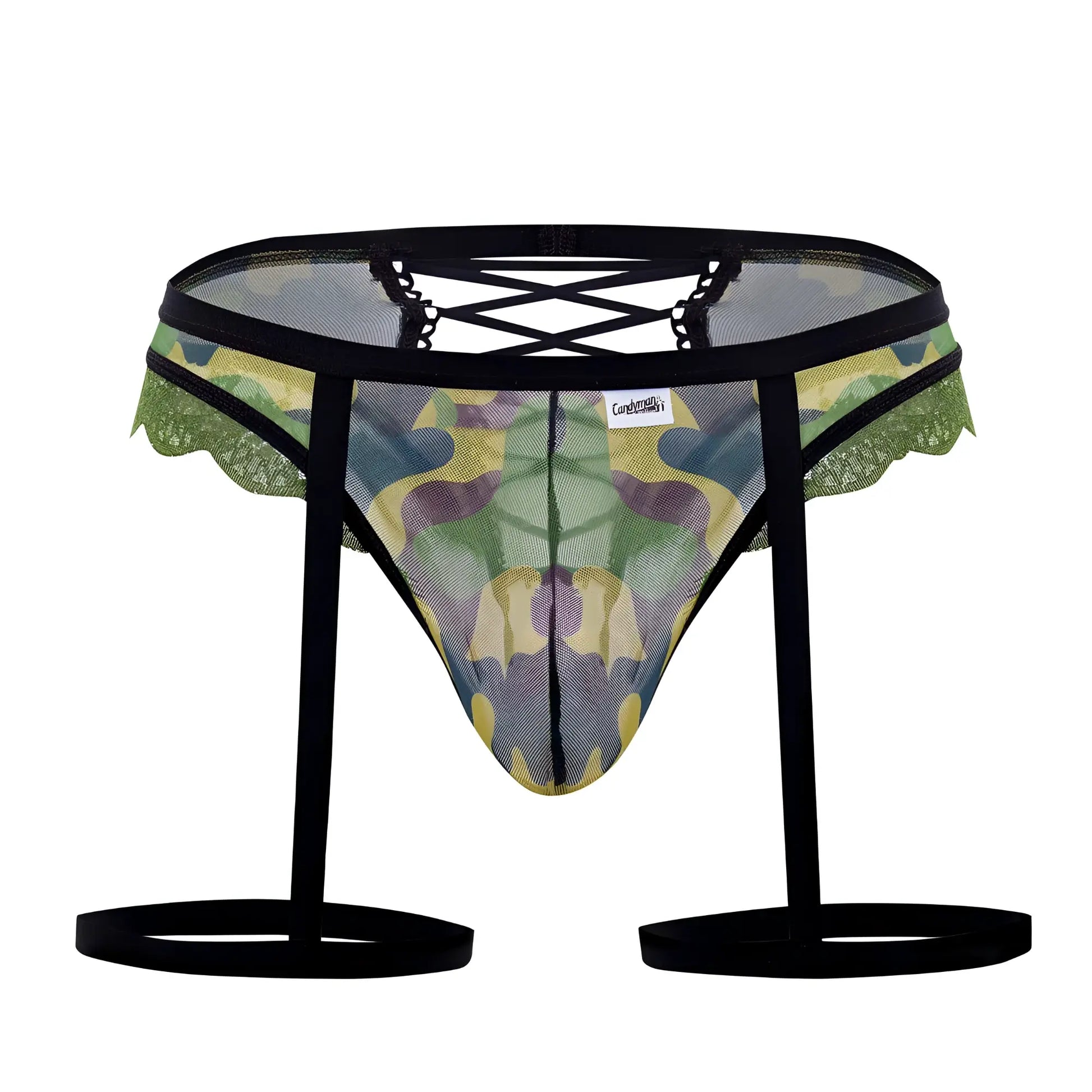 CandyMan 99580X garter camo thongs in green mesh briefs with black lace trim and adjustable straps
