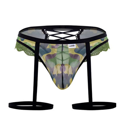 CandyMan 99580X garter camo thongs in green mesh briefs with black lace trim and adjustable straps