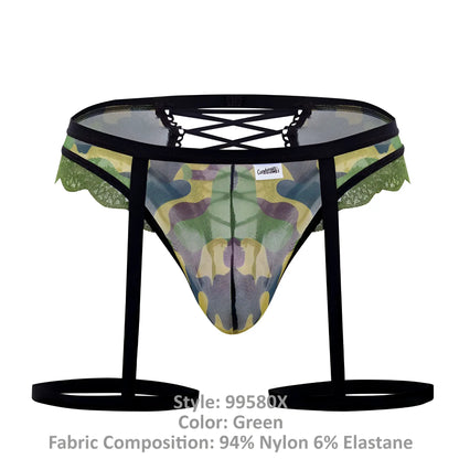 Green camouflage-patterned mesh CandyMan 99580X garter thongs with black lace trim and adjustable straps front view