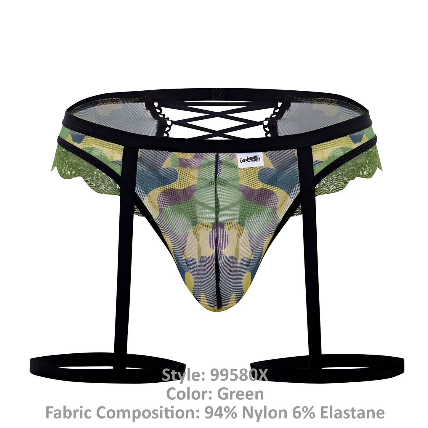 Green camouflage mesh briefs with black lace trim and adjustable straps candyMan 99580X garter camo thongs