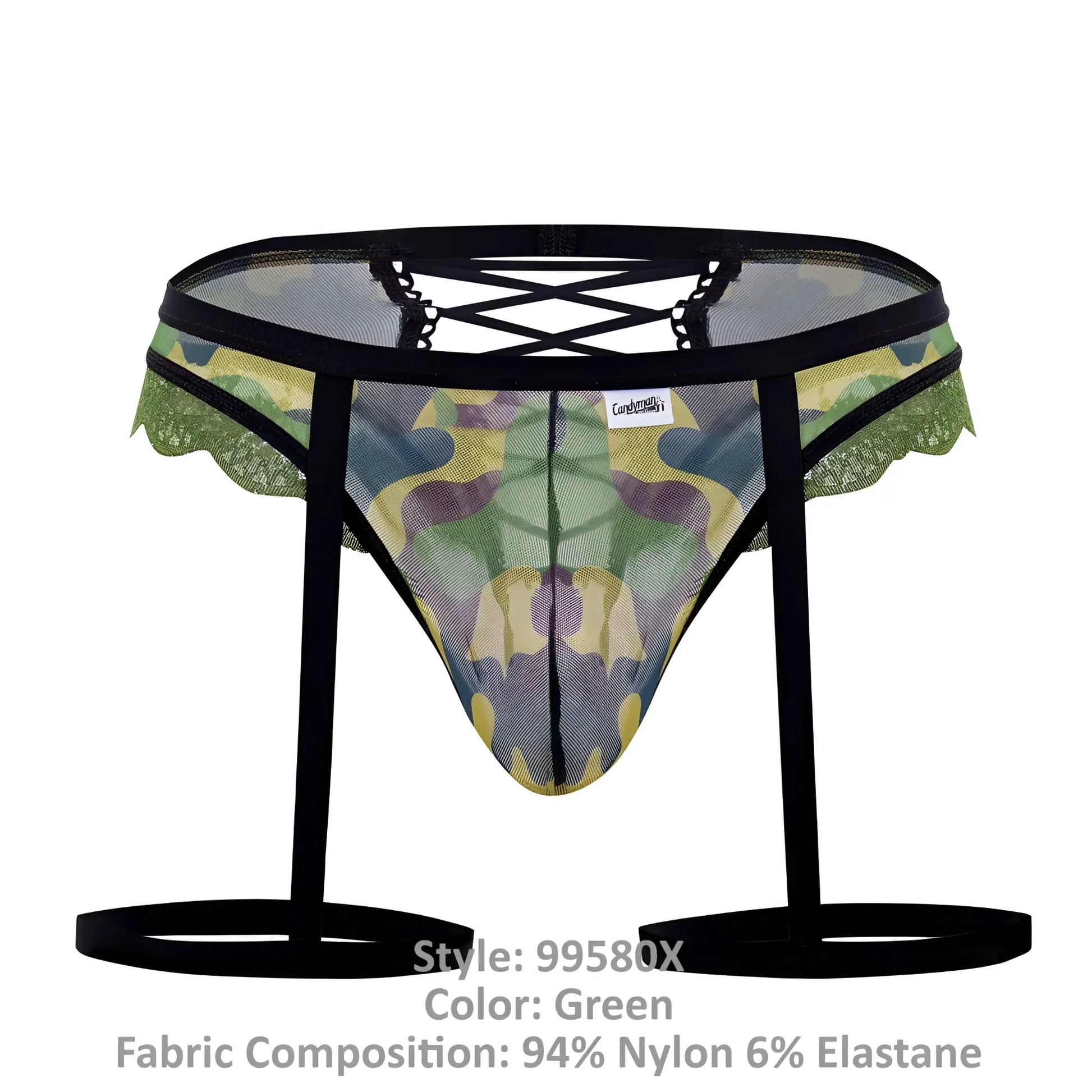 Green camouflage mesh briefs with black lace trim and adjustable straps candyMan 99580X garter camo thongs