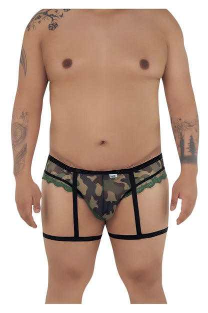 CandyMan 99580X garter camo thongs in green with camouflage pattern transparent briefs black lace trim and straps