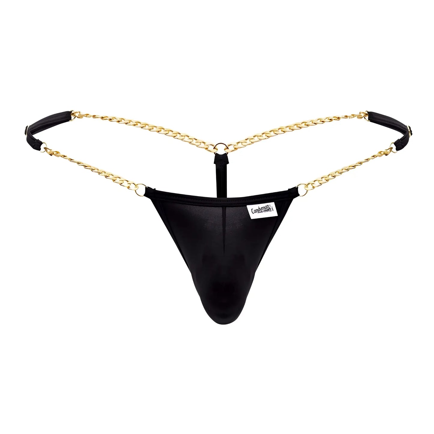 Black leather thong g string with gold chain detailing and black fabric straps candyMan 99586 color black
