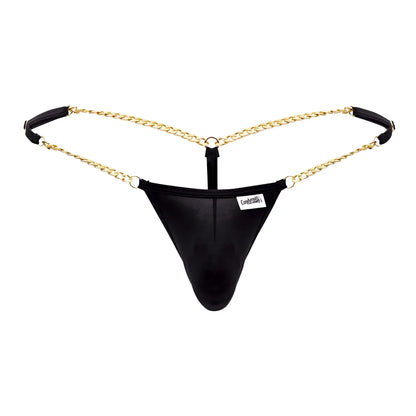 Black leather thong g string with gold chain detailing and black fabric straps candyMan 99586 color black
