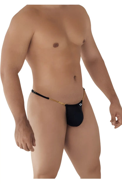Black mens thong candy man 99586 chain g string with gold chain detail and small white logo on the side