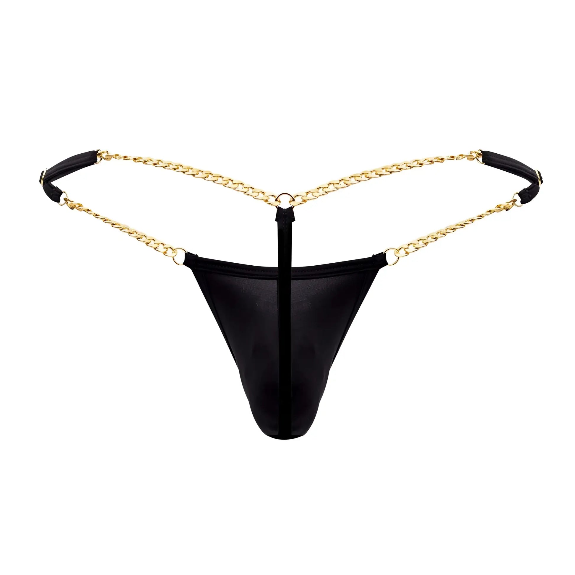 Black mesh thong g-string candyMan 99586 with gold chain straps and black padded ends in black color