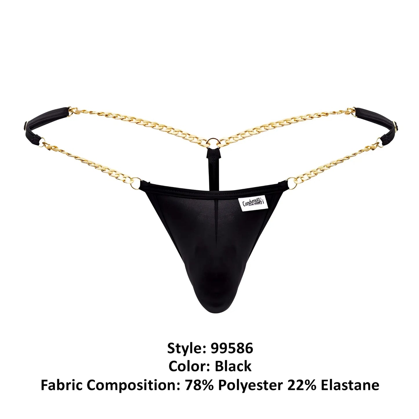 Black mesh thong g-string with gold chain straps and black fabric tabs candy man 99586 color black back view