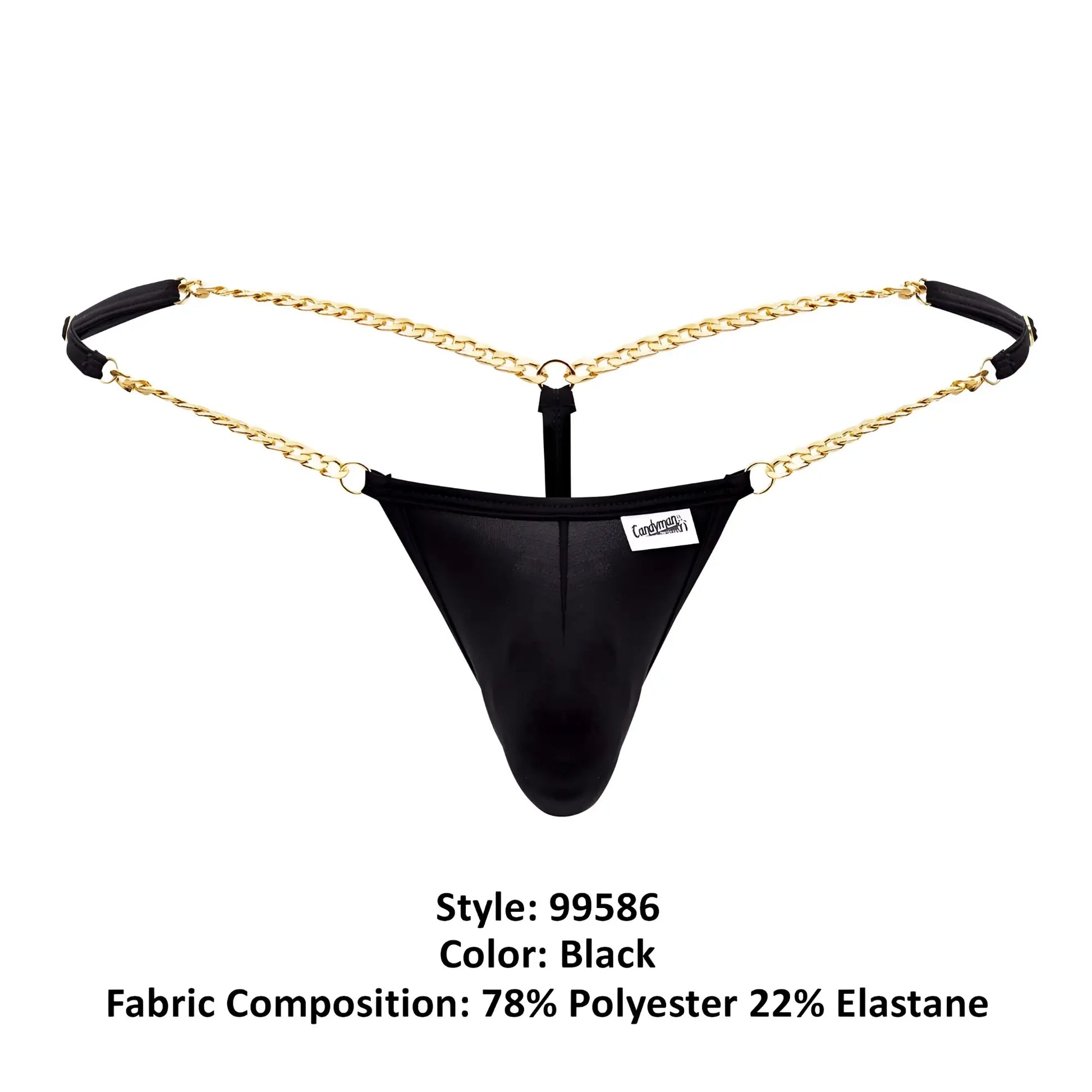 Black mesh thong g-string with gold chain straps and black fabric tabs candy man 99586 color black back view