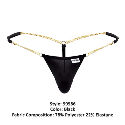 Black mesh thong g-string with gold chain straps and black fabric tabs candy man 99586 color black back view