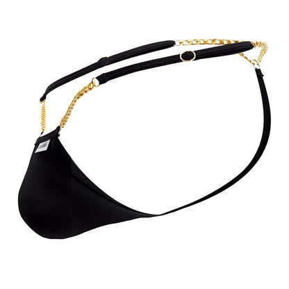 Black satin-like CandyMan 99586 chain G-string thong with gold-tone chain detailing and adjustable straps