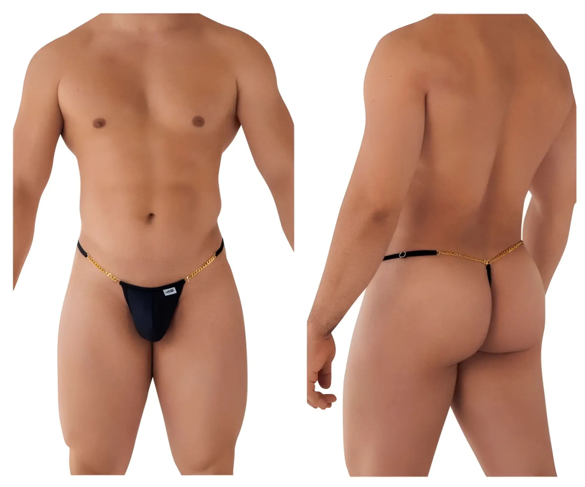 Black thong with gold chain detail candyMan 99586 chain g-string front view in black color