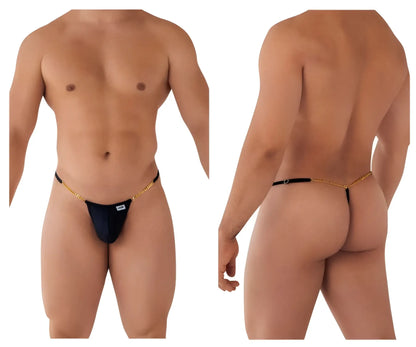 Black thong with gold chain detail candyMan 99586 chain g-string front view in black color
