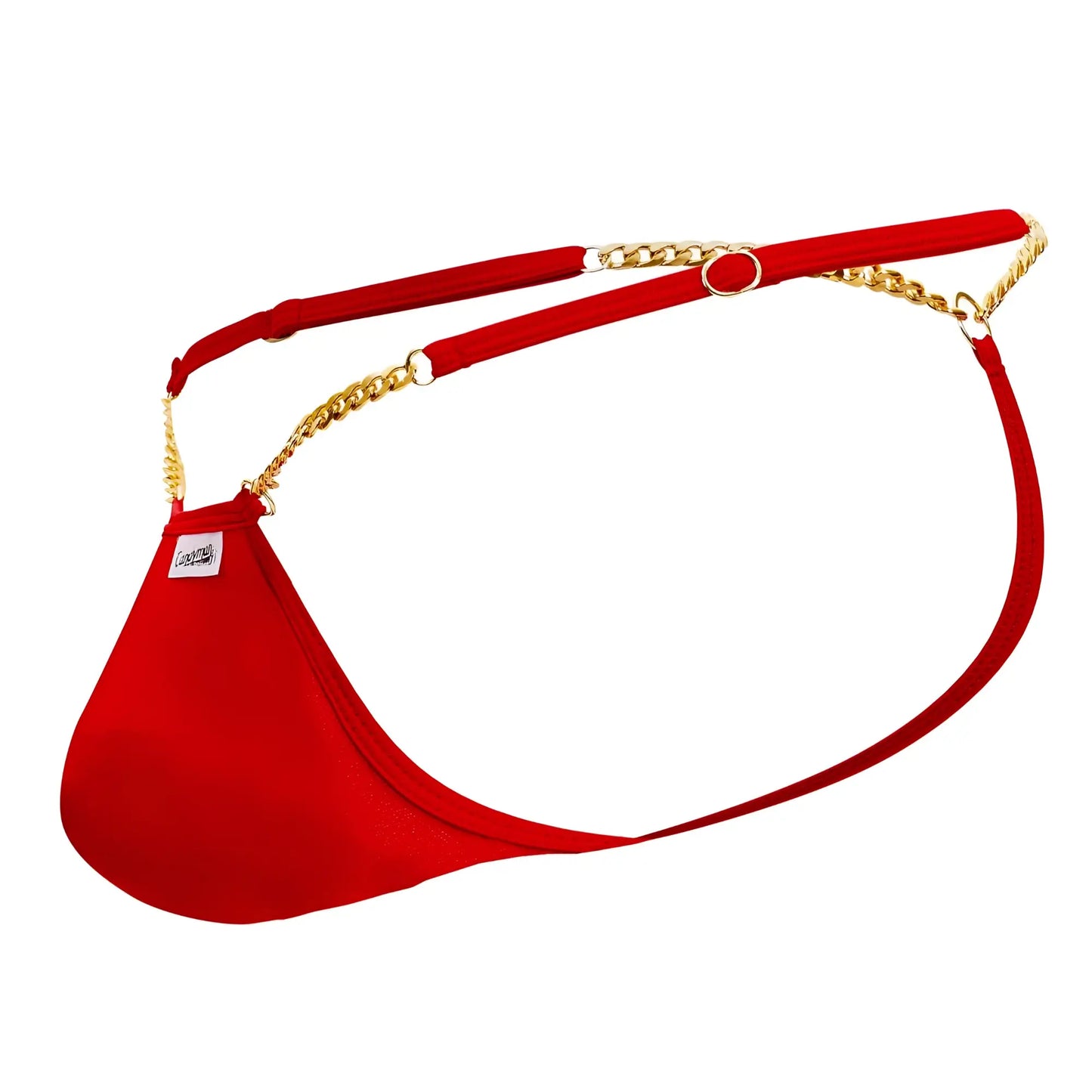 Red fabric thong g-string with gold chain straps and small white label candyMan 99586 chain g-string color red