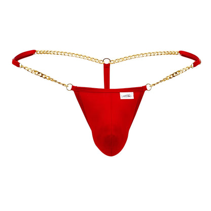 Red fabric thong candyMan 99586 chain g-string with gold chain straps and red padded ends shown from the back
