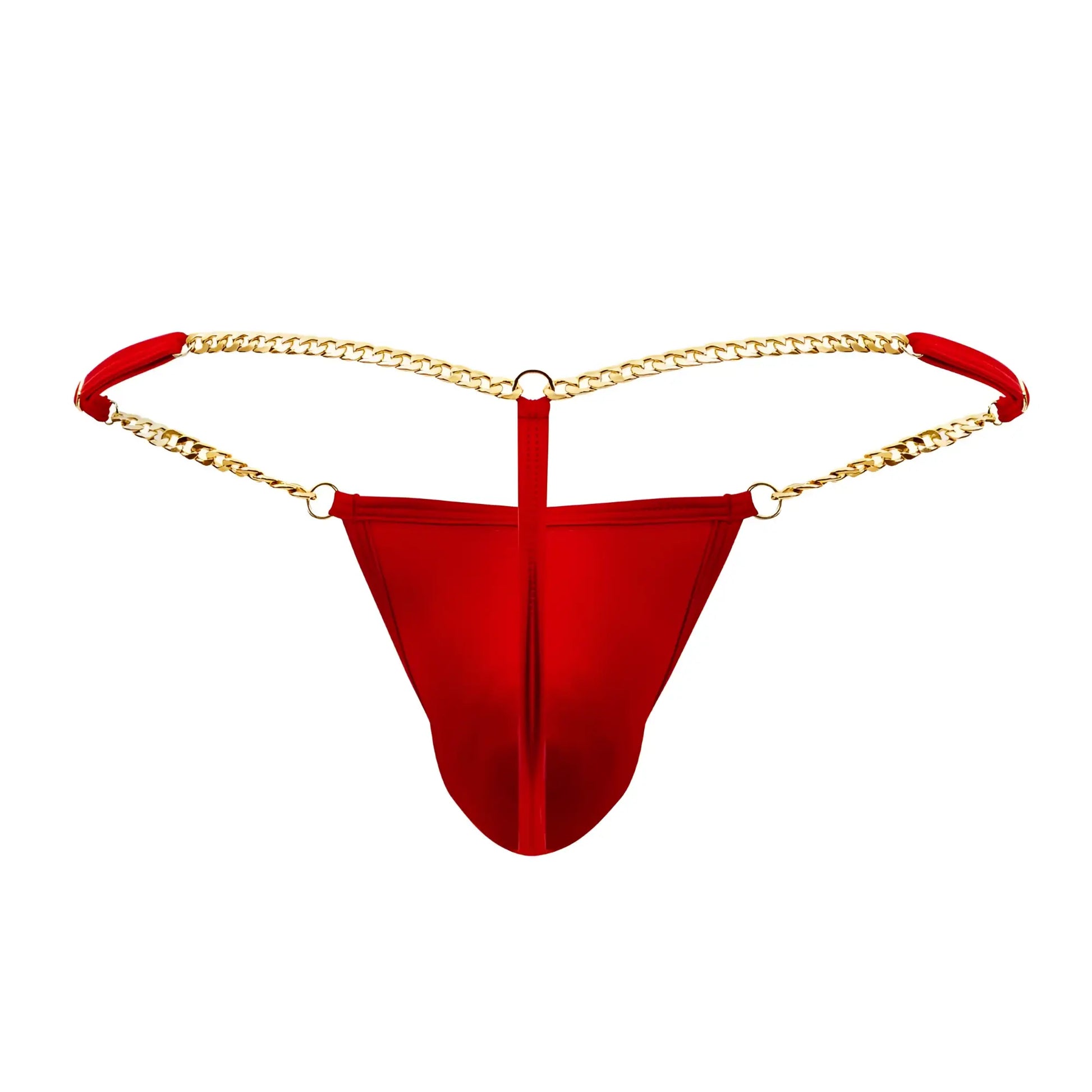 Red satin thong g-string with gold chain detailing and red fabric loops candyMan 99586 in red shown from back