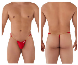 Red thong g-string with gold chain detailing from candyman in vibrant red showing front view