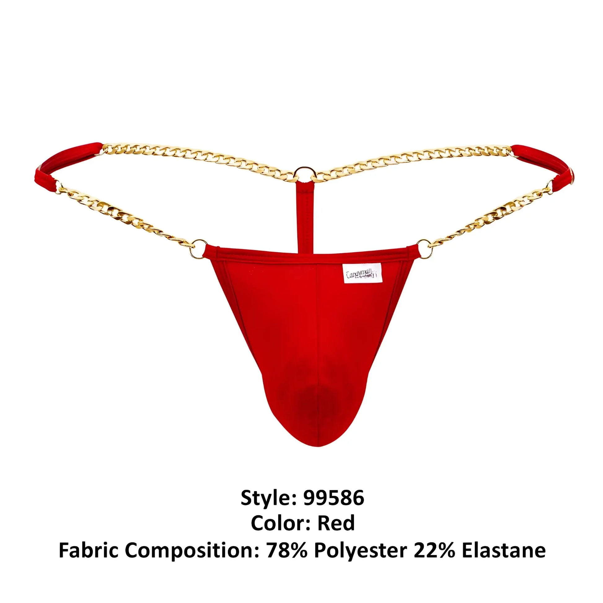Red thong g-string by candyman with gold chain detailing and red fabric straps shown from the backside