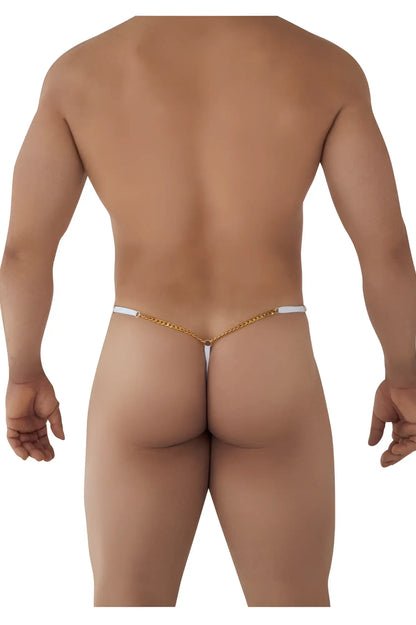 White candyMan 99586 chain g-string featuring gold chain thong and white elastic straps shown from the back side
