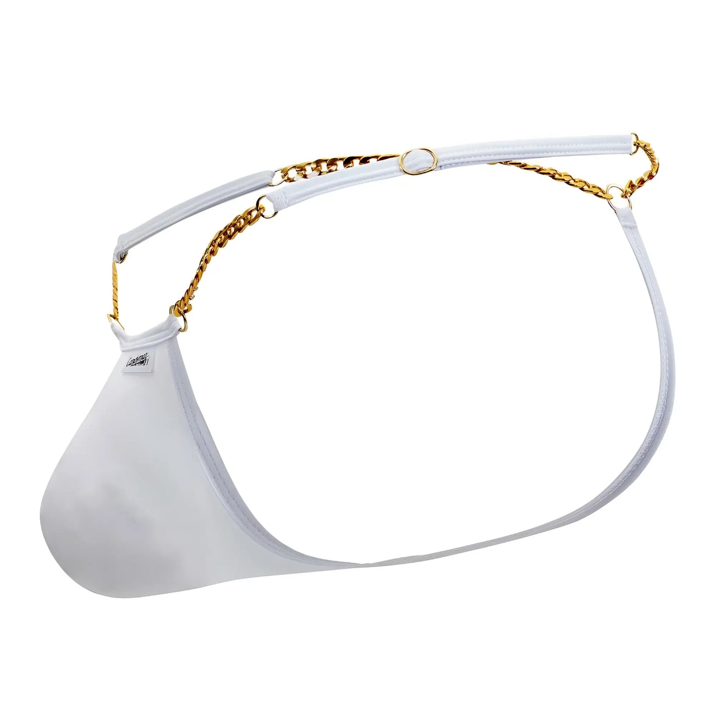 White mesh brief with gold chain strap front view from candyman 99586 chain g-string in white color