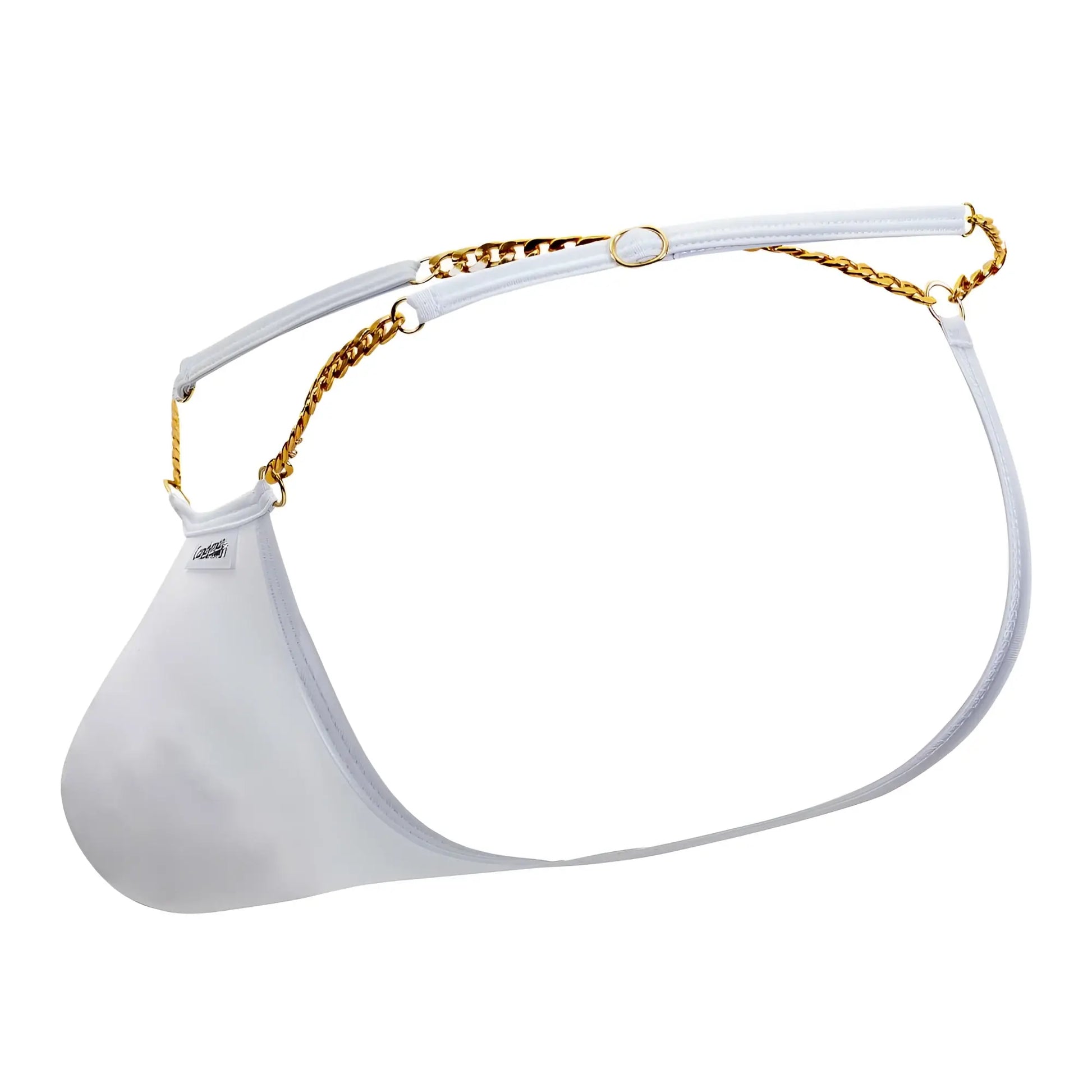 White mesh brief with gold chain strap front view from candyman 99586 chain g-string in white color