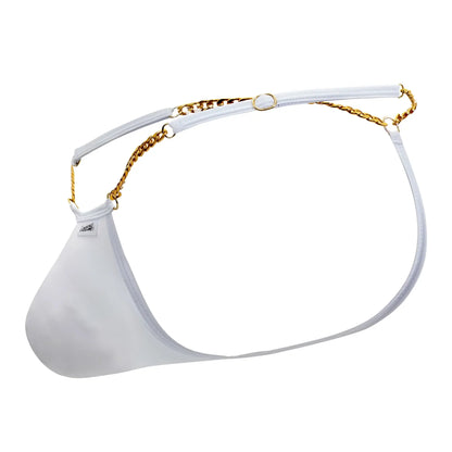 White mesh brief with gold chain strap front view from candyman 99586 chain g-string in white color