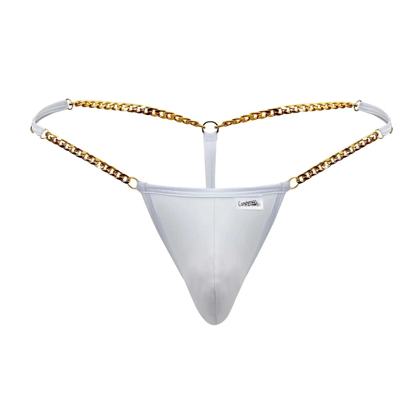 White mesh thong g-string with gold chain detailing candyMan 99586 in white shown from the back side