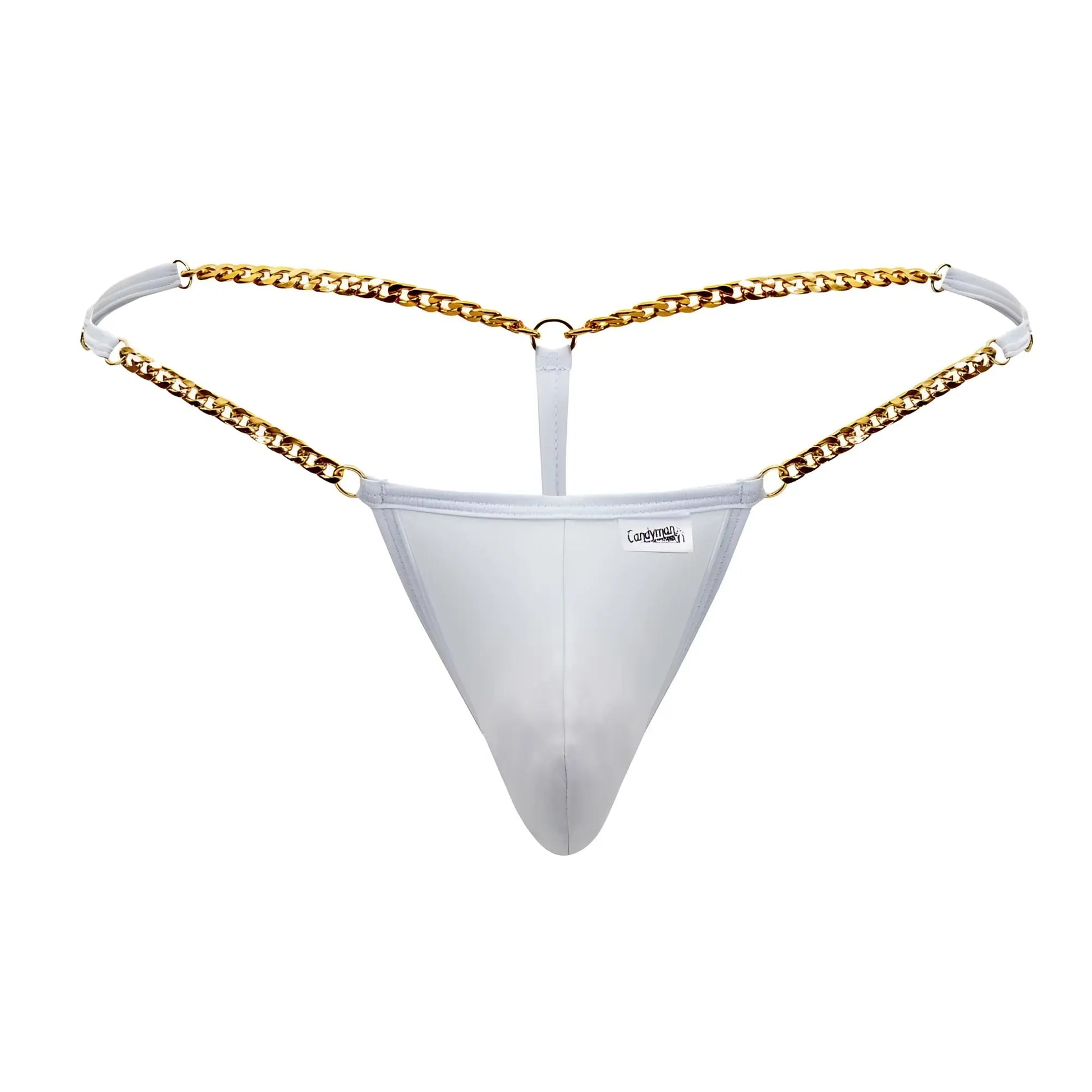 White mesh thong g-string with gold chain detailing candyMan 99586 in white shown from the back side