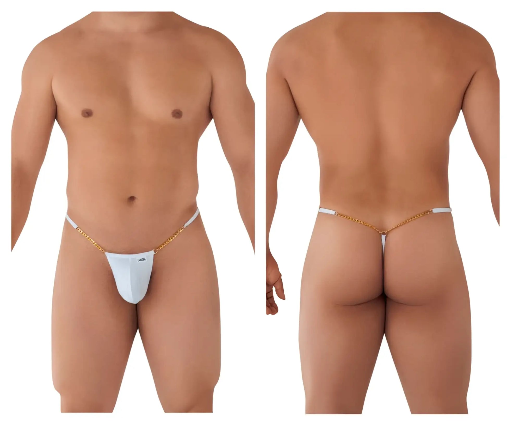 White thong g-string with gold chain detailing from candyman 99586 collection shown from the back side