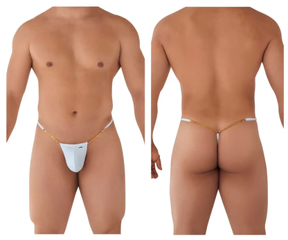 White thong g-string with gold chain detailing from candyman 99586 collection shown from the back side