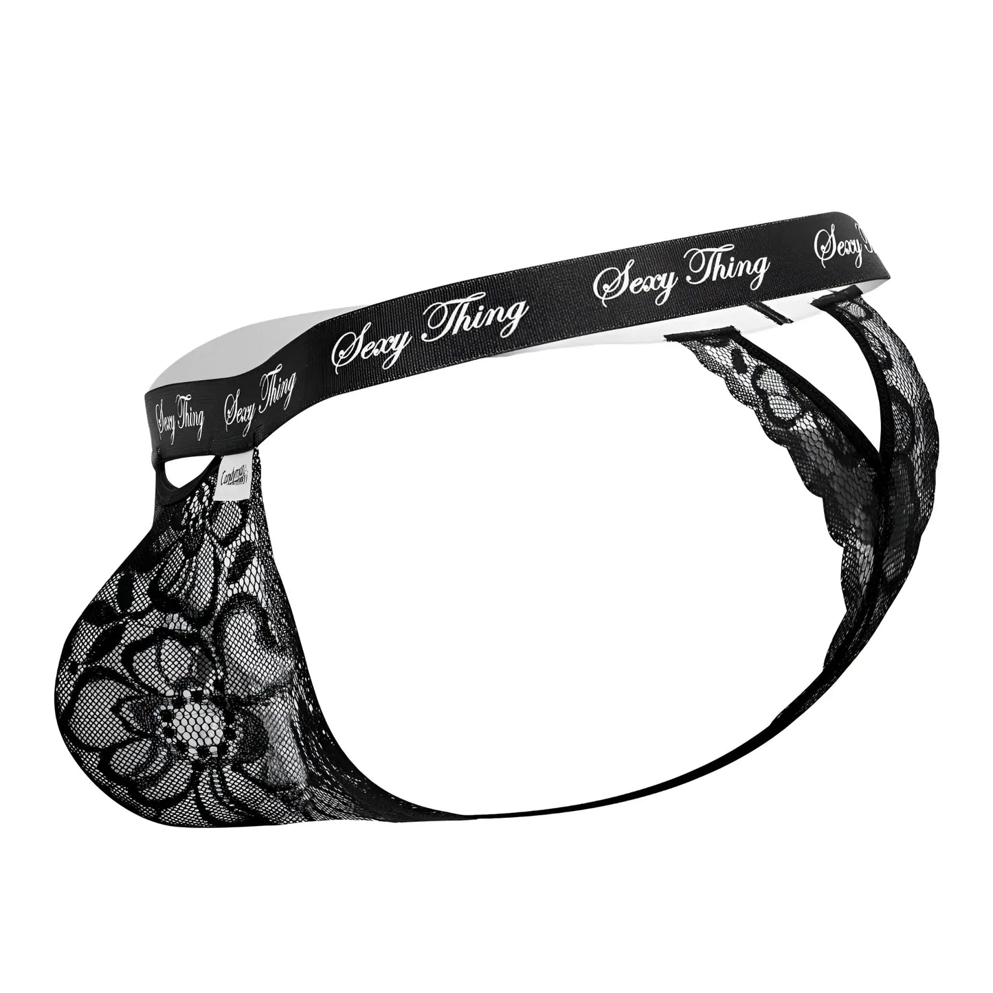 Black lace men’s thong with floral pattern and sexy thing branding on waistband candyMan 99594 color black