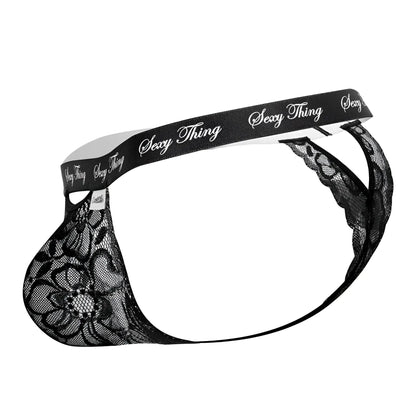 Black lace men’s thong with floral pattern and sexy thing branding on waistband candyMan 99594 color black