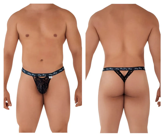 Black lace thong with branded elastic waistband from Candyman 99594 sexy thing lace thongs in black color