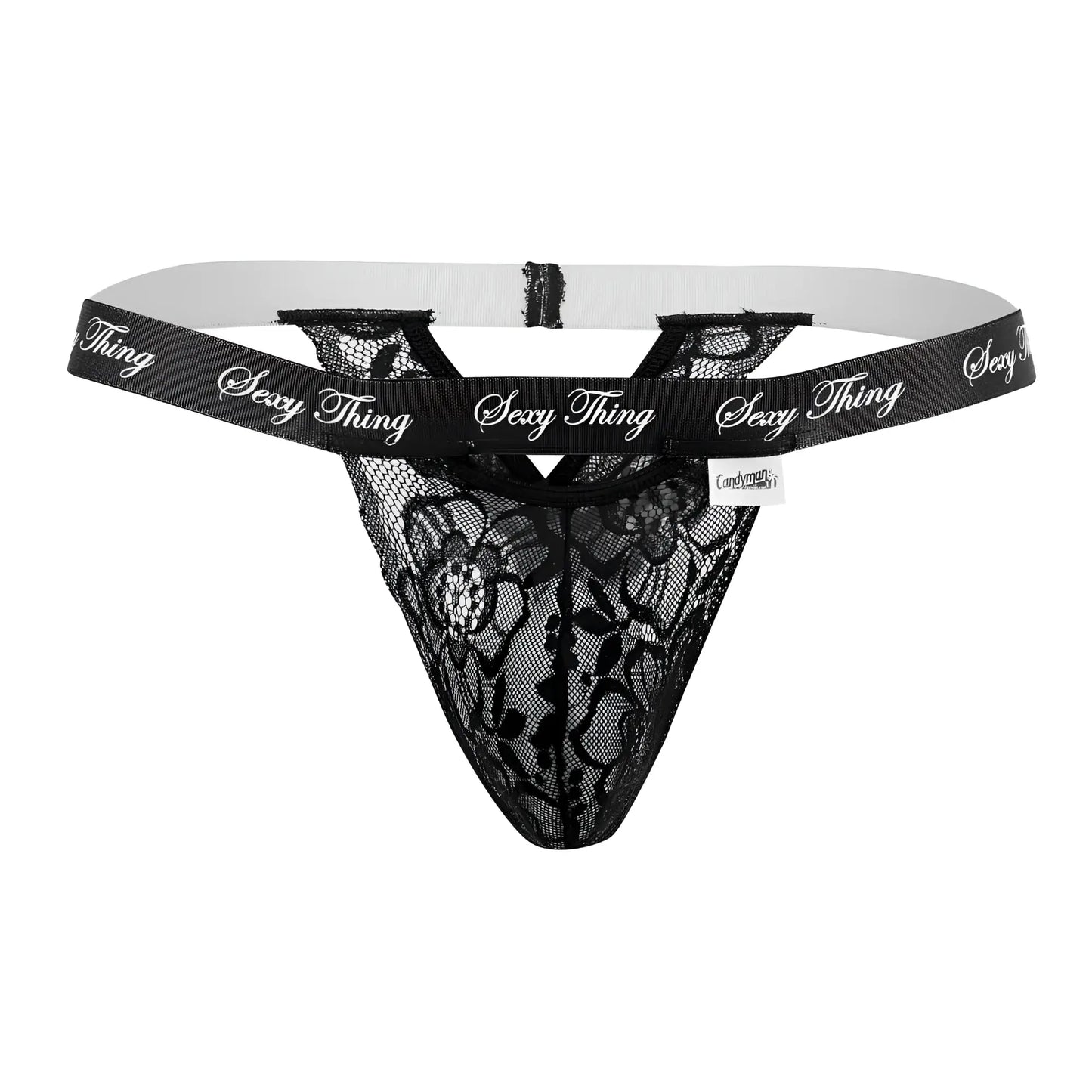 Black lace thong with sexy thing branding on waistband from candyman 99594 in black color