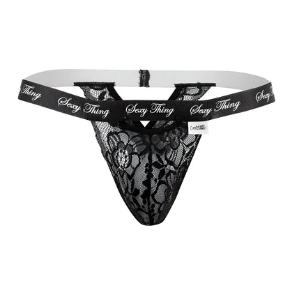 Black lace thong with sexy thing branding on waistband from candyman 99594 in black color