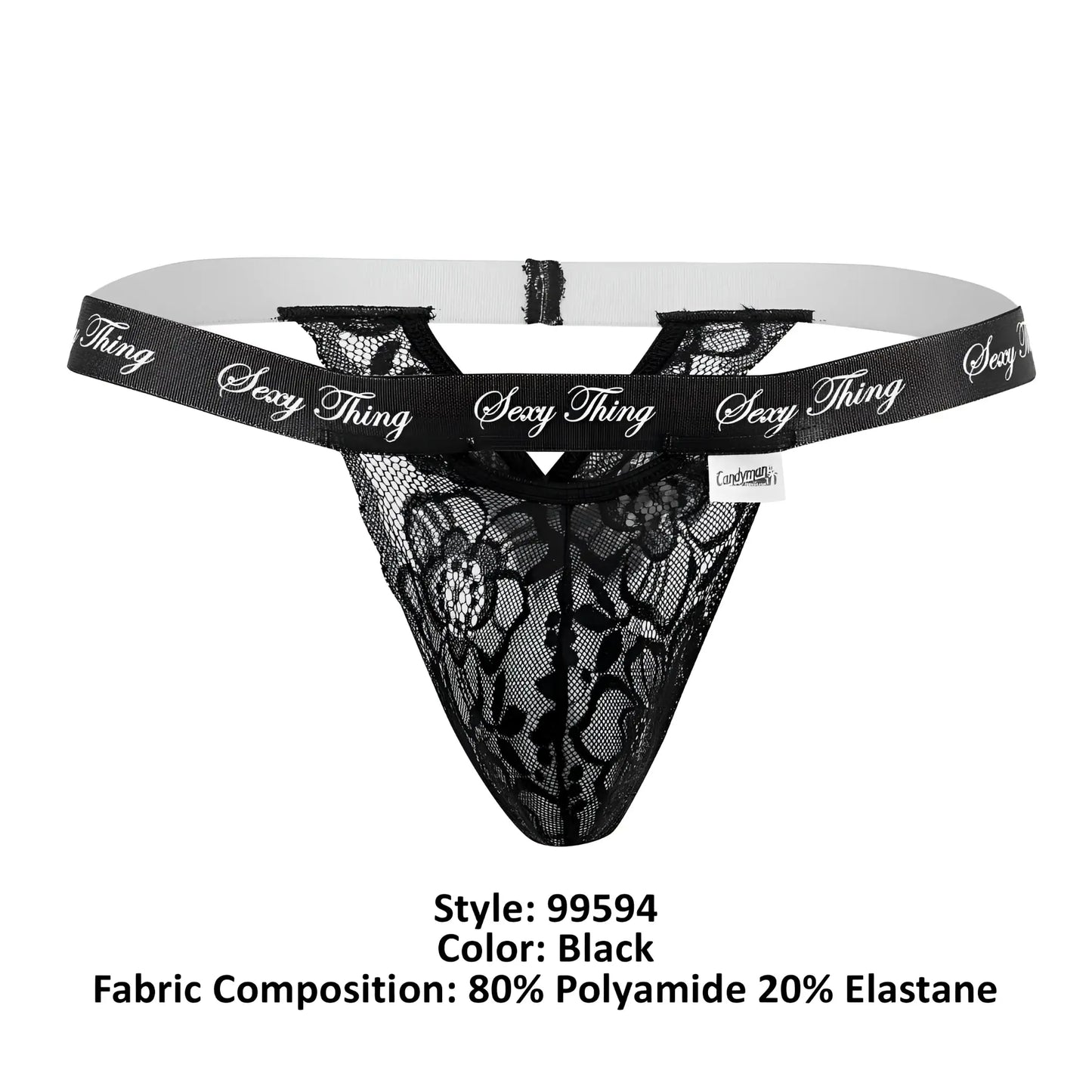 Black lace thong with white elastic waistband featuring sexy thing brand name in silver script from candyman 99594