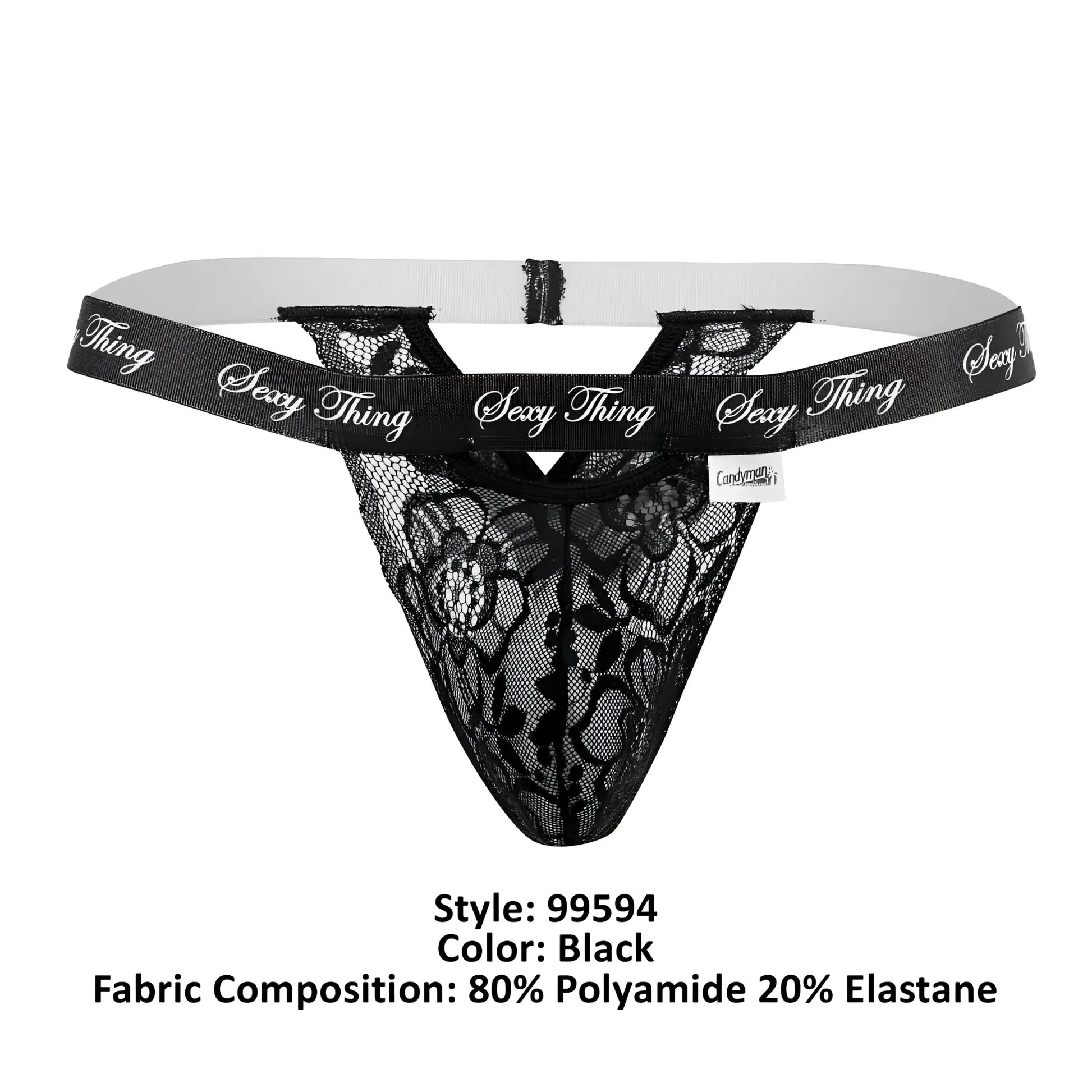 Black lace thong with white elastic waistband featuring sexy thing brand name in silver script from candyman 99594