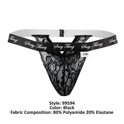 Black lace thong with white elastic waistband featuring sexy thing brand name in silver script from candyman 99594