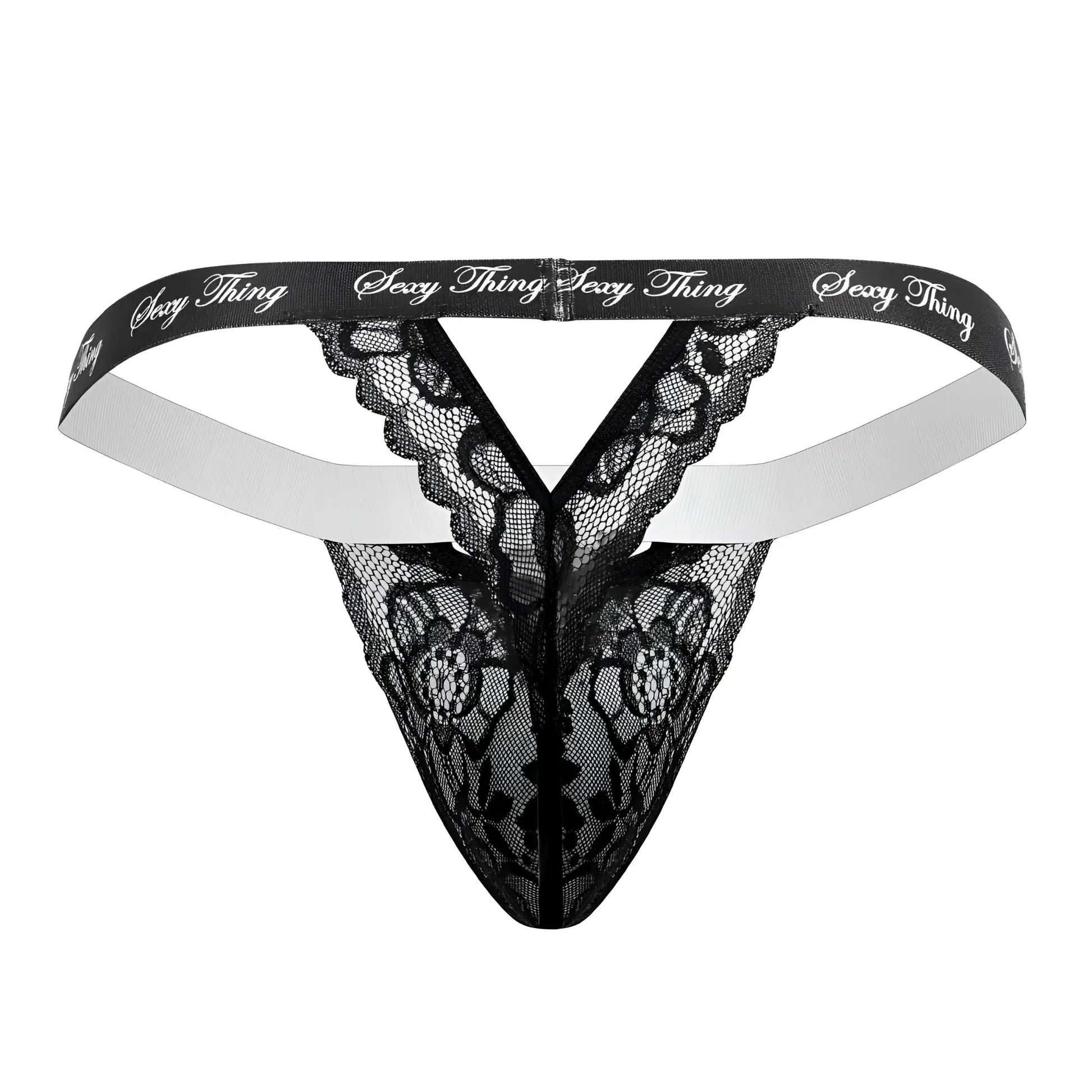 Black lace thong with white elastic waistband and sexy thing branding from Candyman 99594 collection in black color