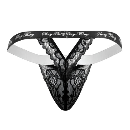 Black lace thong with white elastic waistband and sexy thing branding from Candyman 99594 collection in black color