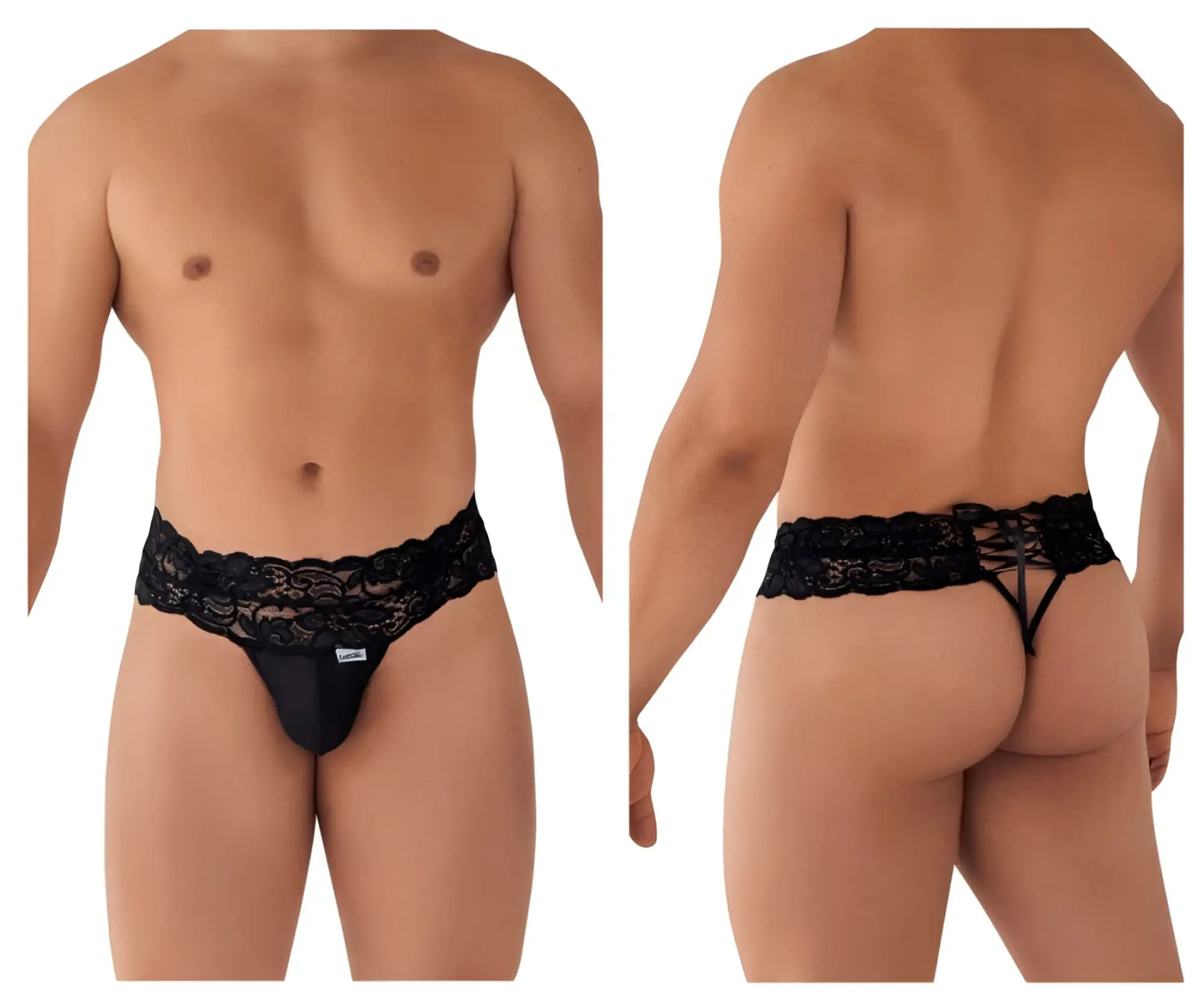 Black lace thong candyMan 99595 featuring a decorative front panel and back tie design in black lace material