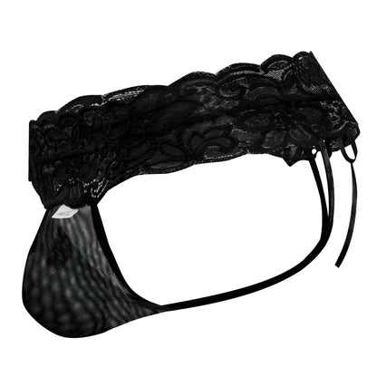 Black lace thong with floral pattern and mesh fabric from CandyMan model 99595 in black color front view