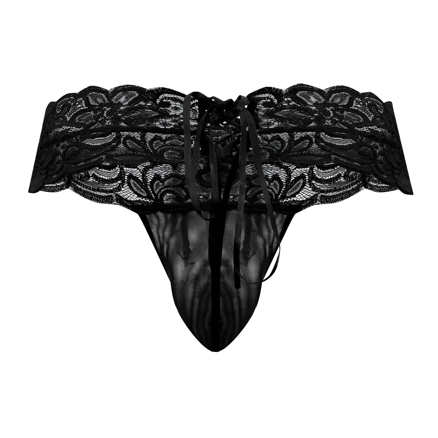 CandyMan 99595 black lace thong with intricate floral patterns and tied waistband shown from the back side