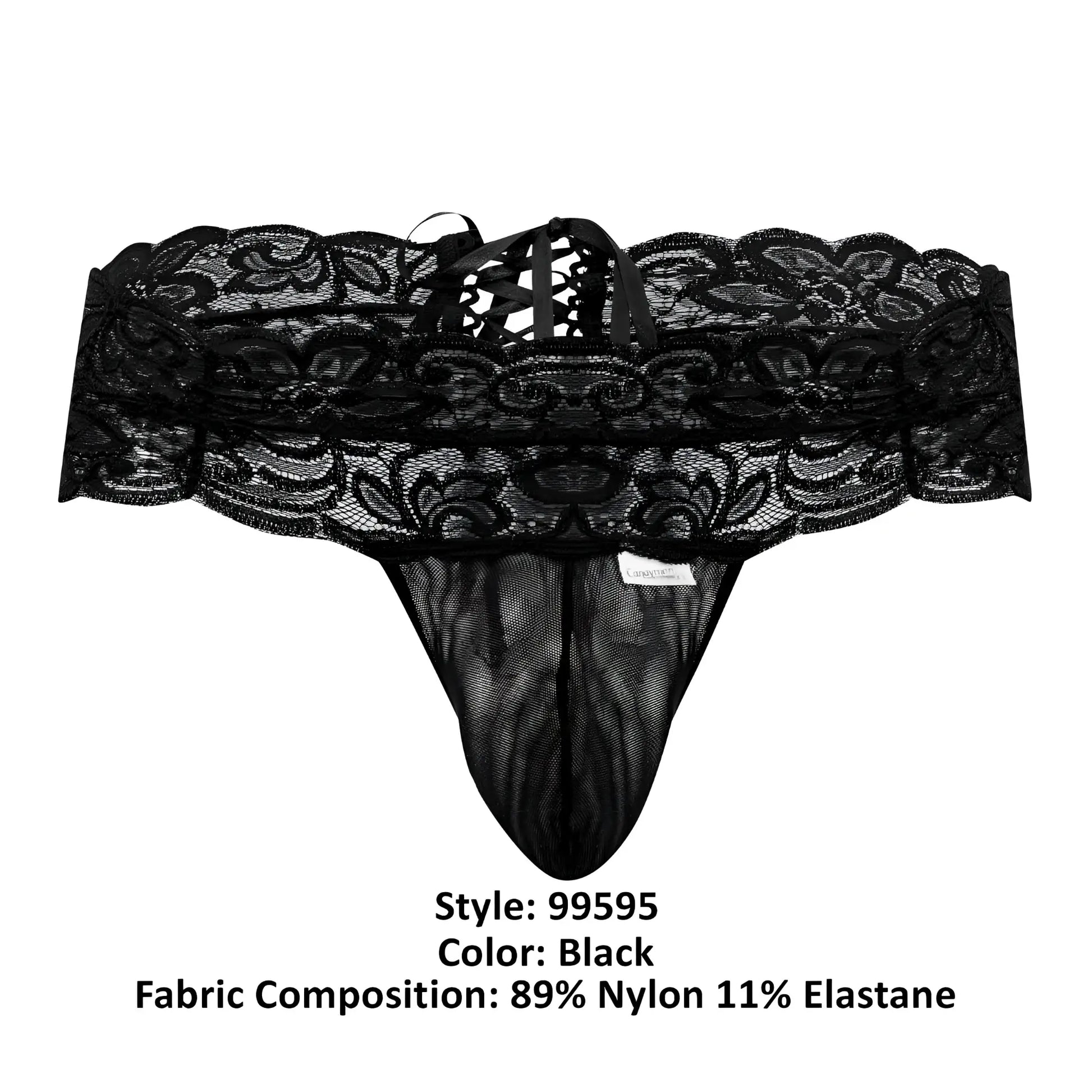 Black lace thong candyman 99595 with intricate floral patterns and mesh front panel in black color