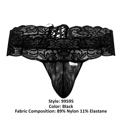 Black lace thong candyman 99595 with intricate floral patterns and mesh front panel in black color