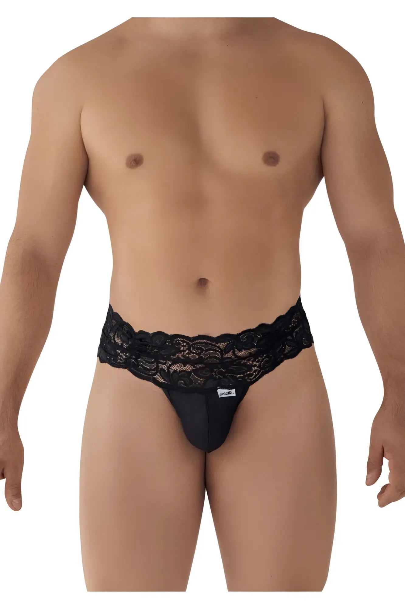 Black lace-trimmed CandyMan 99595 men’s thong with sleek, form-fitting design in black lace fabric visible from the front