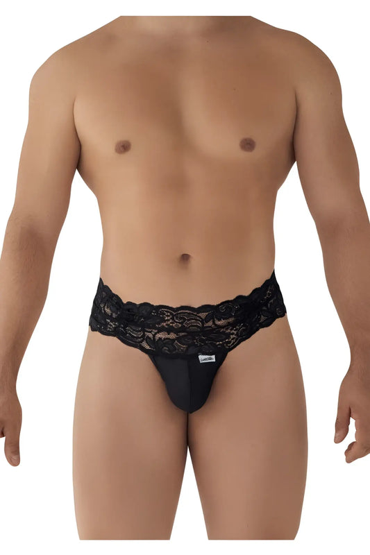 Black lace-trimmed CandyMan 99595 men’s thong with sleek, form-fitting design in black lace fabric visible from the front