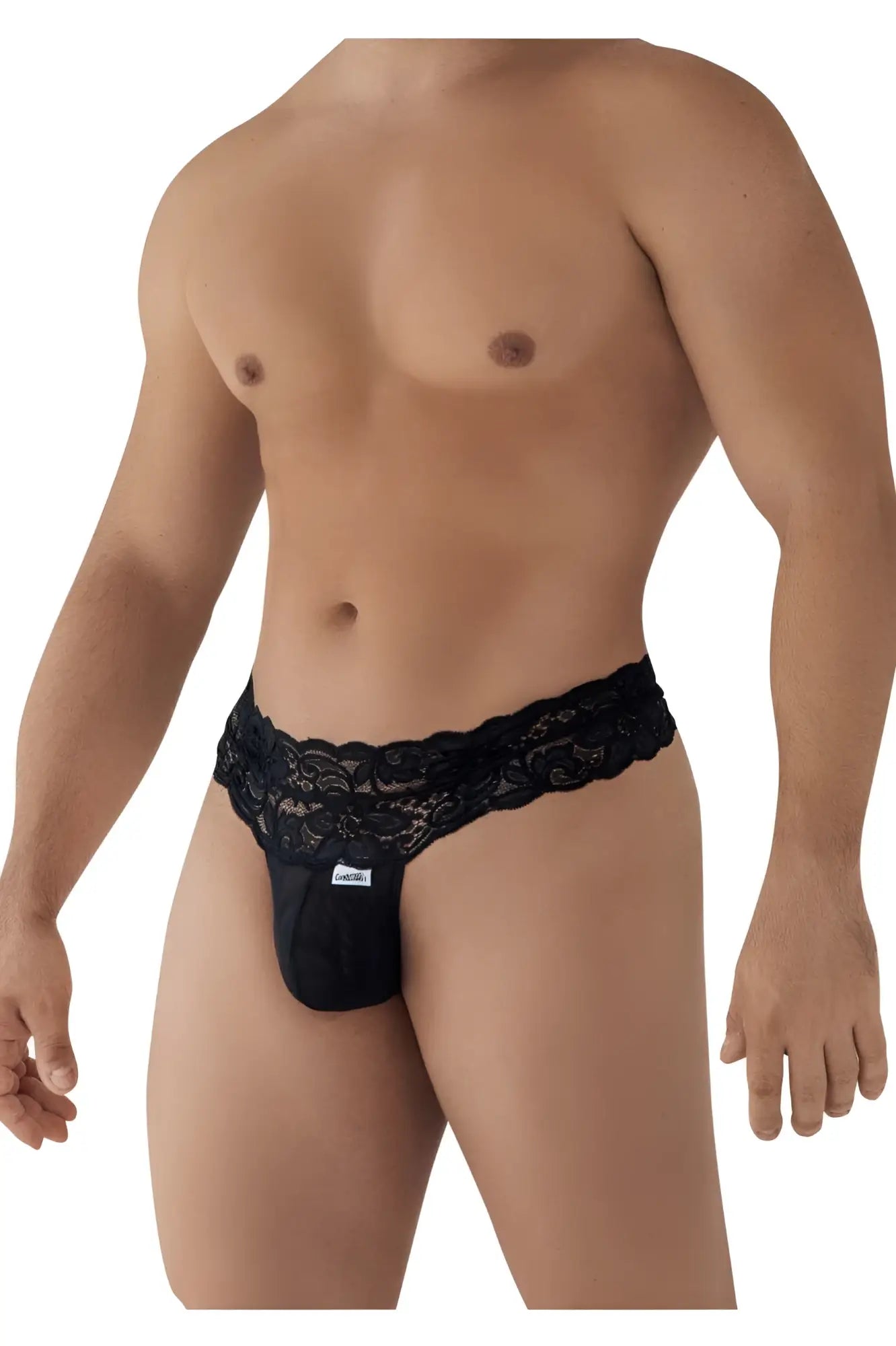 Black lace-trimmed mens thong with solid black fabric body and embroidered candyman brand tag visible